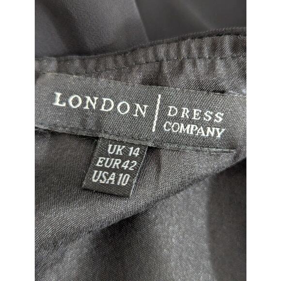 LONDON DRESS COMPANY! BLACK CHIFFON W/GOLDEN NUDE SHOULDER DETAIL DRESS! SZ 10 - Picture 6 of 9